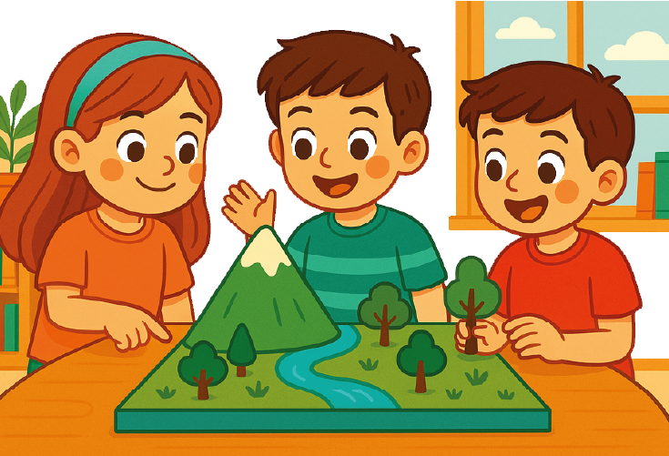 "Alumnos de primaria realizando un proyecto escolar con una maqueta de paisaje con montañas, árboles y río en el aula."