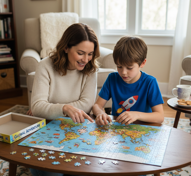  imagen de una madre con su hijo de 9 años haciendo un rompecabezas.