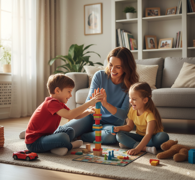 imagen realista de una madre jugando con sus dos hijos de 8 años en el salón de su casa.
