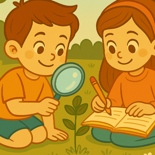 Ilustración digital cuadrada de estilo caricaturesco que muestra una escena de naturaleza con niños explorando. Los niños aparecen observando y señalando plantas y animales, transmitiendo curiosidad y entusiasmo por aprender sobre el medio ambiente. Los colores son vivos y cálidos, lo que genera un ambiente alegre y educativo, ideal para representar el área de Conocimiento del Medio de cuarto de primaria.