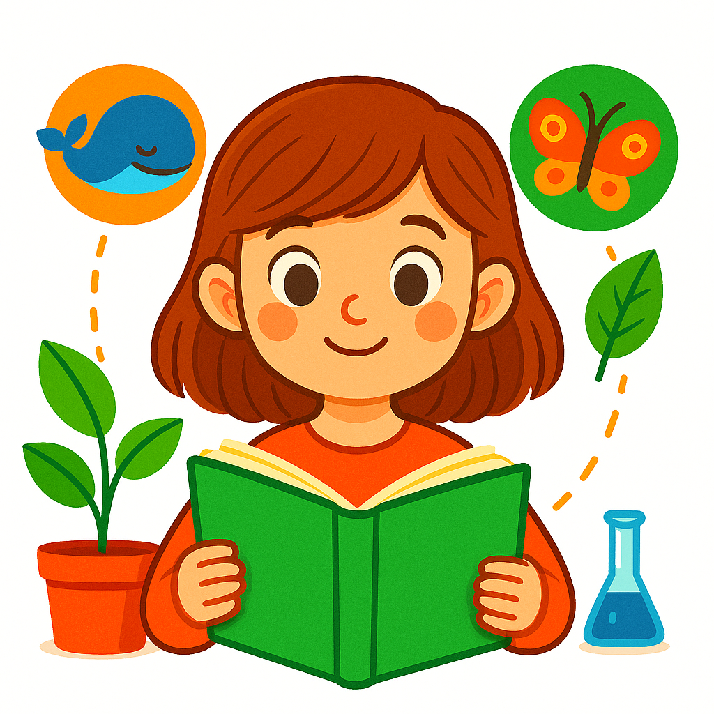 cono-primero Ilustración en estilo dibujo animado de una niña de primero de primaria leyendo un libro verde sin texto en la portada. A su alrededor aparecen iconos coloridos de una ballena, una mariposa y una hoja, junto a una planta en maceta y un tubo de ensayo, sobre un fondo blanco.