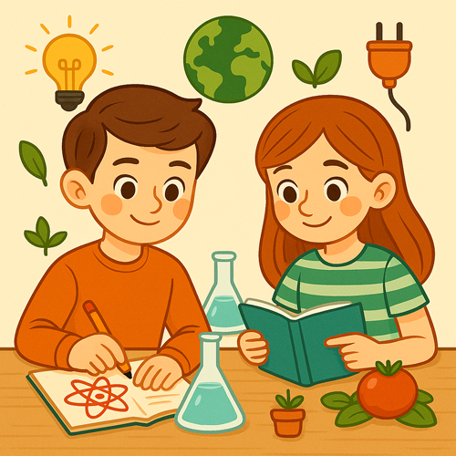 cono-sexto-1 Ilustración cuadrada de estilo caricaturesco que muestra a un niño y una niña estudiando ciencias. El niño escribe en un cuaderno con un dibujo de un átomo, mientras la niña lee un libro. Sobre la mesa hay matraces de laboratorio, una planta y una manzana. Alrededor aparecen símbolos relacionados con la naturaleza y la ciencia: una bombilla, la Tierra, hojas verdes y un enchufe. La escena transmite curiosidad, aprendizaje y cuidado del medio ambiente.