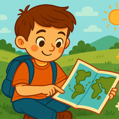 Ilustración colorida de un niño sentado en el campo mirando un mapa. El niño, con mochila azul y camiseta naranja, observa con una sonrisa el dibujo de los continentes mientras lo señala con el dedo. A su alrededor hay flores, colinas verdes y un cielo soleado con nubes.