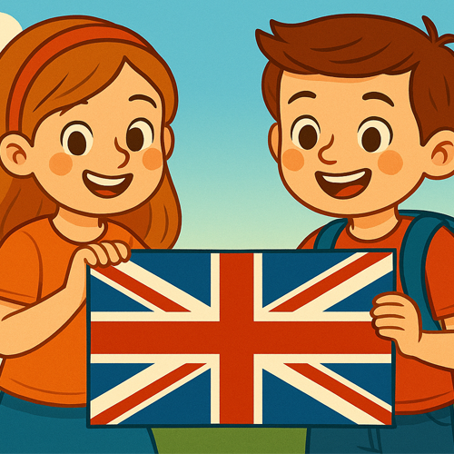 Ilustración colorida de una niña y un niño sosteniendo la bandera del Reino Unido. Ambos sonríen mientras muestran la bandera de Inglaterra en un entorno natural con flores y cielo azul con nubes. La niña lleva una camiseta naranja y diadema, y el niño camiseta naranja con mochila azul.