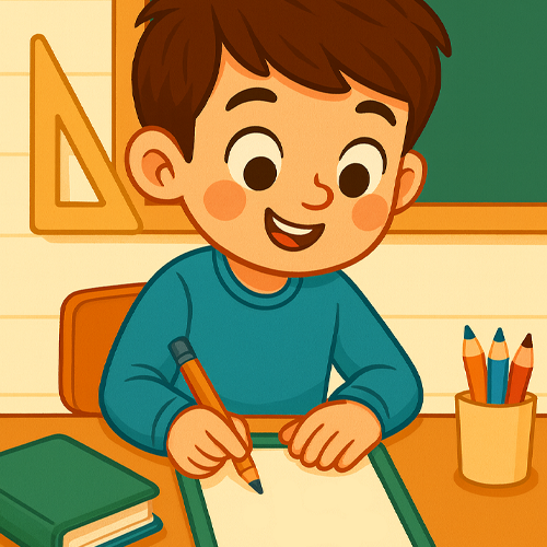 Ilustración infantil de un niño sonriente con camiseta azul sentado en un pupitre, escribiendo en una hoja con un lápiz. Sobre la mesa hay un libro y un vaso con lápices de colores, con una pizarra verde de fondo.