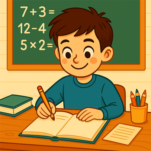 Ilustración cuadrada y colorida de un niño haciendo ejercicios de matemáticas en un cuaderno. El niño, con camiseta azul, sonríe mientras escribe con un lápiz en su mesa. A su alrededor hay un libro verde, lápices de colores en un vaso y una hoja. Al fondo, una pizarra verde muestra operaciones matemáticas como sumas, restas y multiplicaciones.