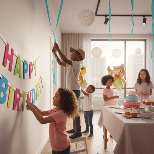 Niños decorando una fiesta de cumpleaños