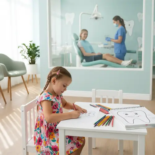 Niña pintando en el dentista mientras atienden a su madre.