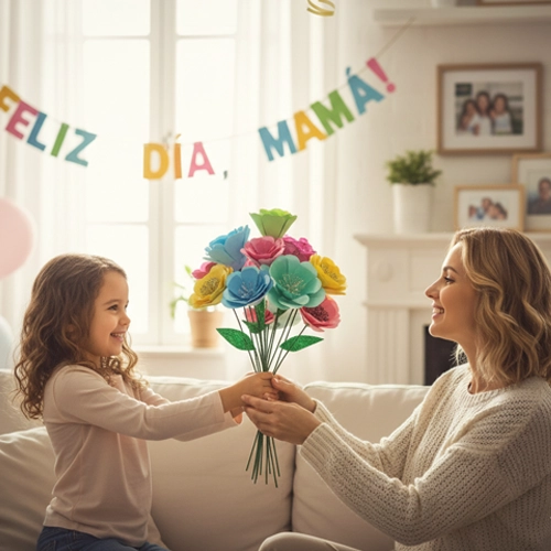 Niña regalando unas flores de papel a su madre por el día de la madre.