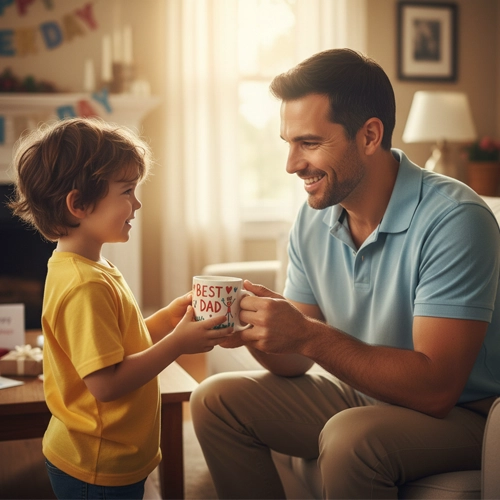 Imagen de un niño dándole una taza pintada a mano a su padre.
