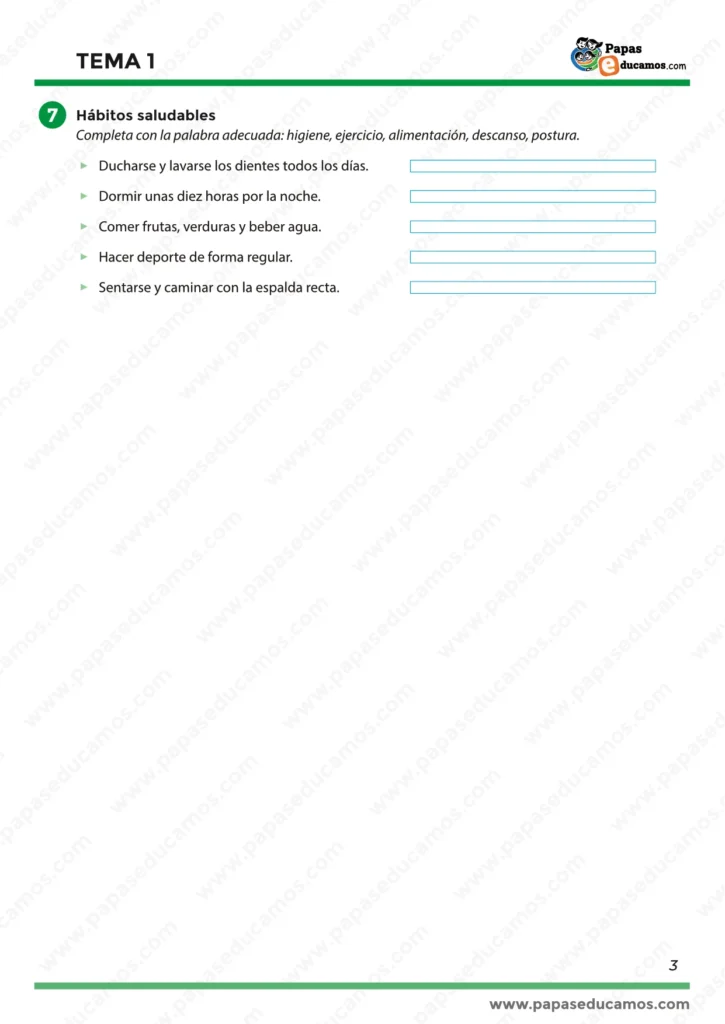 ejercicios_tema_01_cono_3_primaria_03 Hoja de ejercicios de Conocimiento del Medio para tercero de primaria. Contiene actividades sobre hábitos saludables relacionados con la higiene, el descanso, la alimentación, el ejercicio y la postura corporal en la vida diaria.