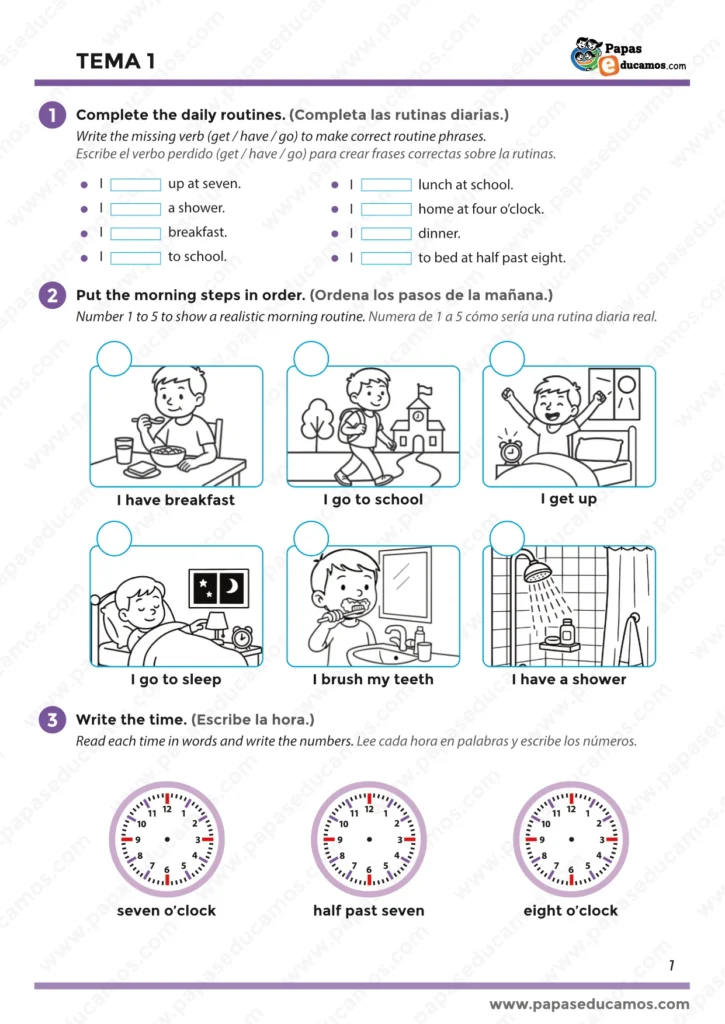 ejercicios_tema_01_ingles_3_primaria_01 Ficha de Inglés 3º de Primaria Tema 1, ejercicios de rutinas diarias, ordenar actividades de la mañana y escribir la hora en inglés.