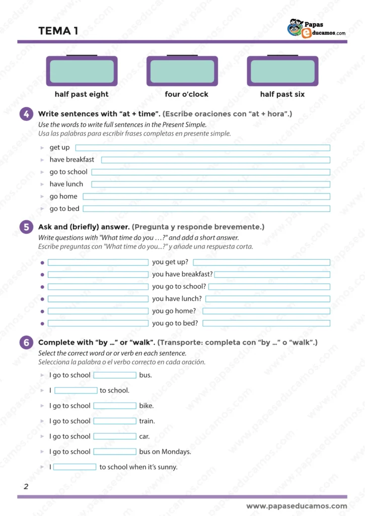 ejercicios_tema_01_ingles_3_primaria_02 Ejercicios de Inglés 3º de Primaria Tema 1, escribir frases con at + time, preguntas con What time y transporte escolar by o walk.
