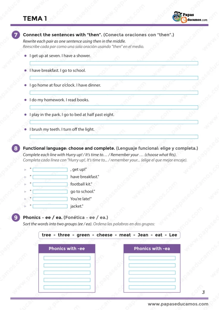 ejercicios_tema_01_ingles_3_primaria_03 Ficha de Inglés 3º de Primaria Tema 1, conectar frases con then, expresiones diarias como Hurry up y clasificación fonética ee y ea.