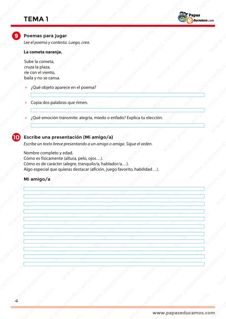 ejercicios_tema_01_lengua_3_primaria_04 Hoja de ejercicios de Lengua para tercero de primaria. Incluye un poema titulado “La cometa naranja” con preguntas de rima y emociones, además de una actividad de redacción para describir a un amigo o amiga.