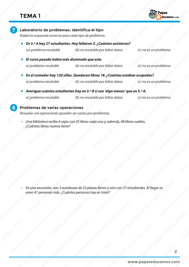 ejercicios_tema_01_mates_5_primaria_03 Página con laboratorio de problemas para identificar si son resolubles o no, y actividades de problemas con varias operaciones como cálculos de alumnos en clase o plazas de sillas ocupadas.