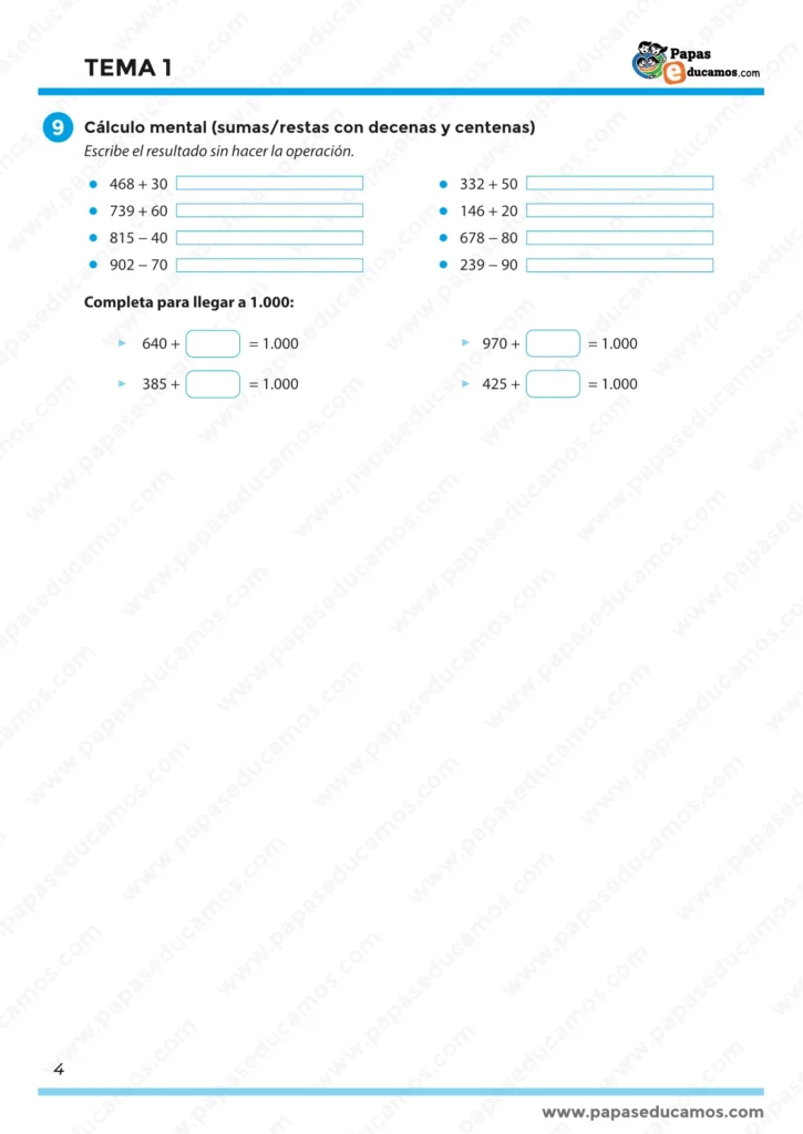ejercicios_tema_01_mates_5_primaria_04 Página con ejercicios de cálculo mental de sumas y restas con decenas y centenas, y actividades para completar sumas que lleguen exactamente a 1.000.