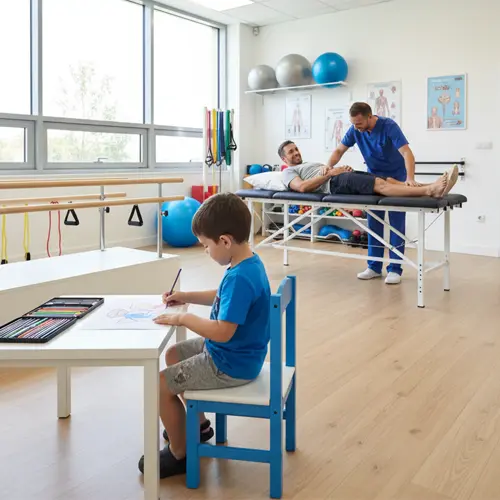 Sala de fisioterapia y un niño pintando en un folio mientras espera a su padre.