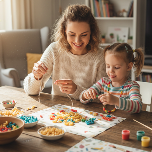 Madre con su hija haciendo un collar de macarrones.