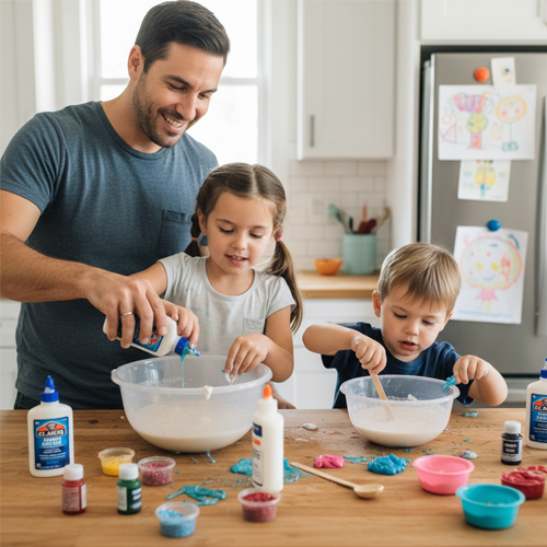 Un padre con sus dos hijos preparando slime casero.