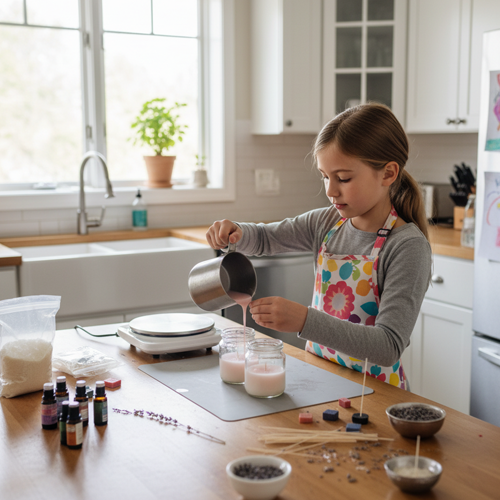 Una niña de 10 años haciendo velas caseras en la cocina de su casa