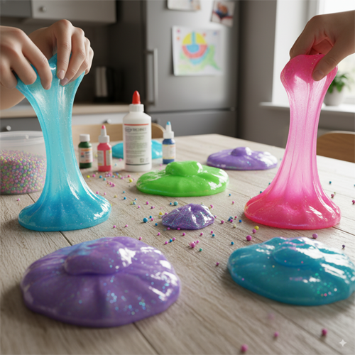 Variados slime caseros en colores vibrantes.