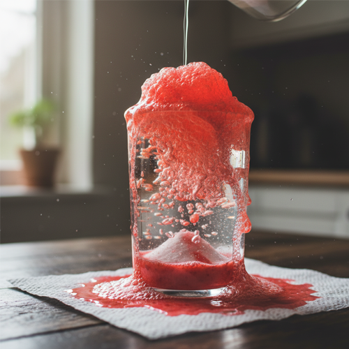 Experimento casero de volcán en erupción utilizando un vaso. Un vaso transparente sobre una bandeja contiene una mezcla burbujeante de color rojo y naranja, creada con bicarbonato de sodio y vinagre. Un niño vierte vinagre desde una pequeña botella, provocando la reacción. Escena educativa y divertida con materiales caseros.