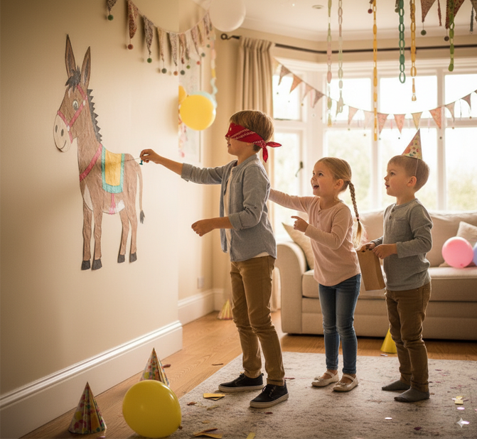 foto-3 niños jugando a poner la cola a un burrito de papel uno con los ojos
vendados
