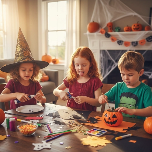 Niños haciendo manualidades de Halloween.