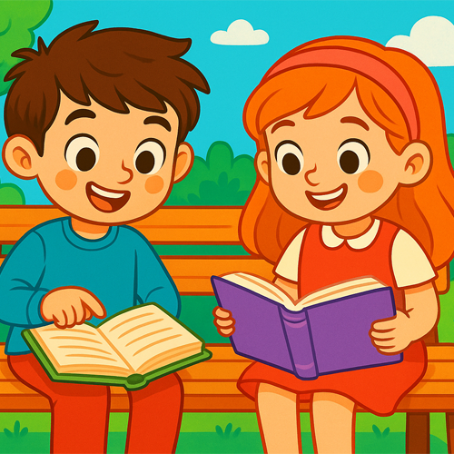 Ilustración colorida de un niño y una niña sentados en un banco de parque, leyendo libros y sonriendo. El niño viste camiseta azul y pantalón rojo, mientras que la niña lleva un vestido rojo con diadema. Detrás se aprecian árboles, arbustos verdes y un cielo azul con nubes blancas.