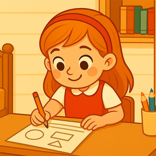 Niña sonriente dibujando figuras geométricas en una hoja durante una actividad educativa.
