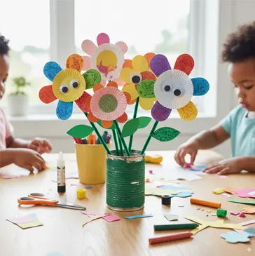 img-flores “Niños haciendo manualidades en una mesa, creando flores de colores con cartulina, limpiapipas y ojos móviles en un bote reciclado.”