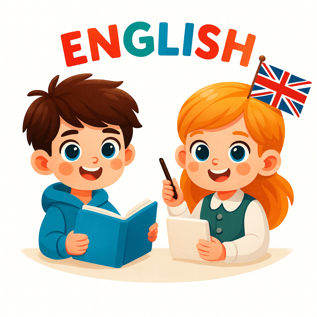 img-ingles-primaria Ilustración en estilo dibujo animado de dos niños de primaria estudiando inglés. El niño sostiene un libro abierto mientras la niña sonríe con una libreta y un lápiz, junto a una pequeña bandera del Reino Unido y la palabra “ENGLISH” arriba.