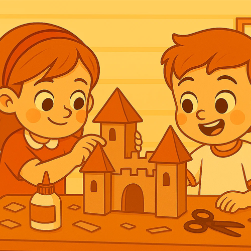 Niños de 5 años construyendo una maqueta de un castillo.