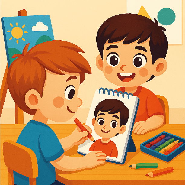 Ilustración infantil de un niño dibujando el retrato de su compañero en un cuaderno, mientras el otro niño lo observa sonriente, en clase de arte con colores y lápices sobre la mesa.
