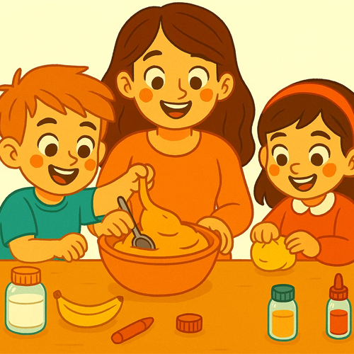 Niños haciendo plastilina casera junto a su madre.