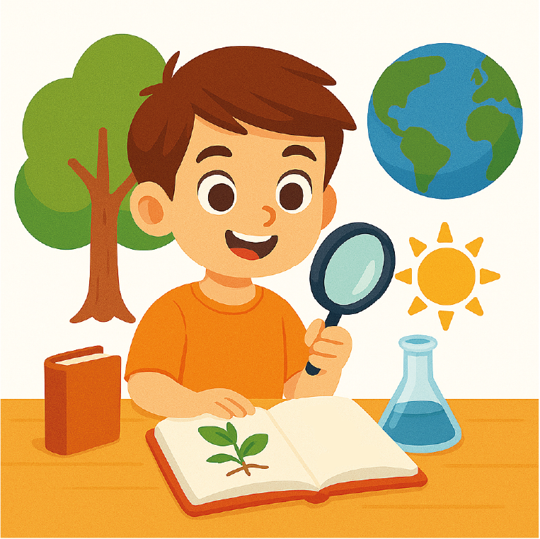imagen recursos conocimiento del medio- Ilustración infantil de un niño explorando la naturaleza con una lupa, observando una hoja en un libro, acompañado de un árbol, el planeta Tierra, un sol y un frasco de laboratorio.