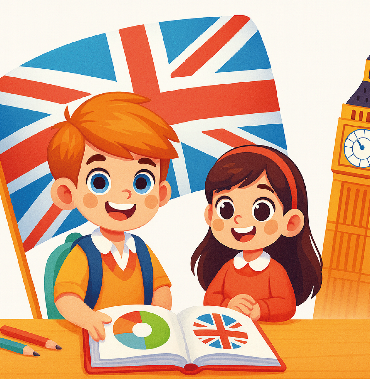 Ilustración en estilo dibujo animado de un niño y una niña estudiando inglés en una mesa, con un libro abierto que muestra una bandera del Reino Unido. Detrás de ellos aparecen la Union Jack y el Big Ben, en una composición limpia y simplificada.