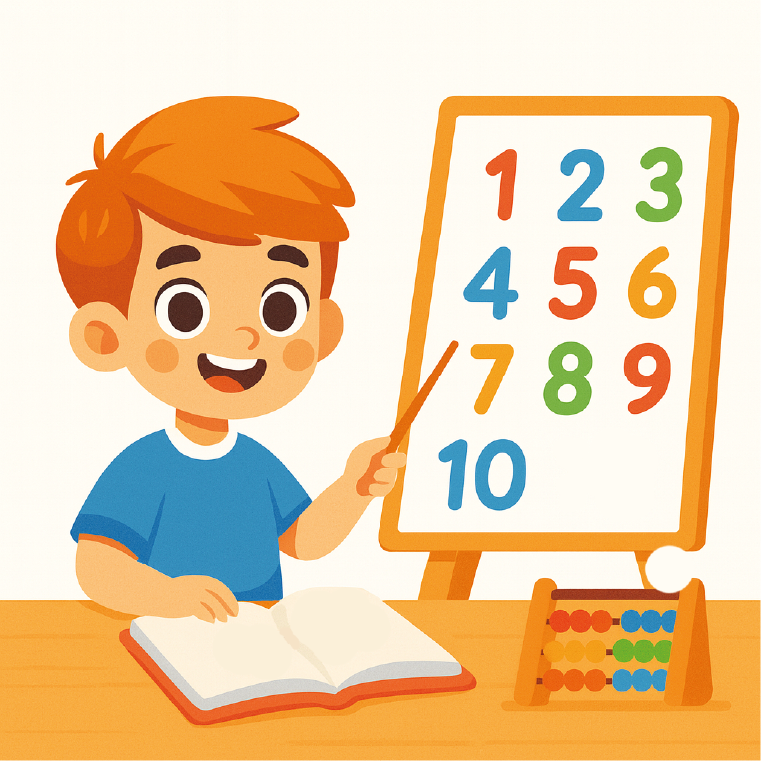 imagen recursos matemáticas-Ilustración infantil de un niño aprendiendo matemáticas con números de colores en un pizarrón, un libro abierto con una suma y un ábaco sobre la mesa.