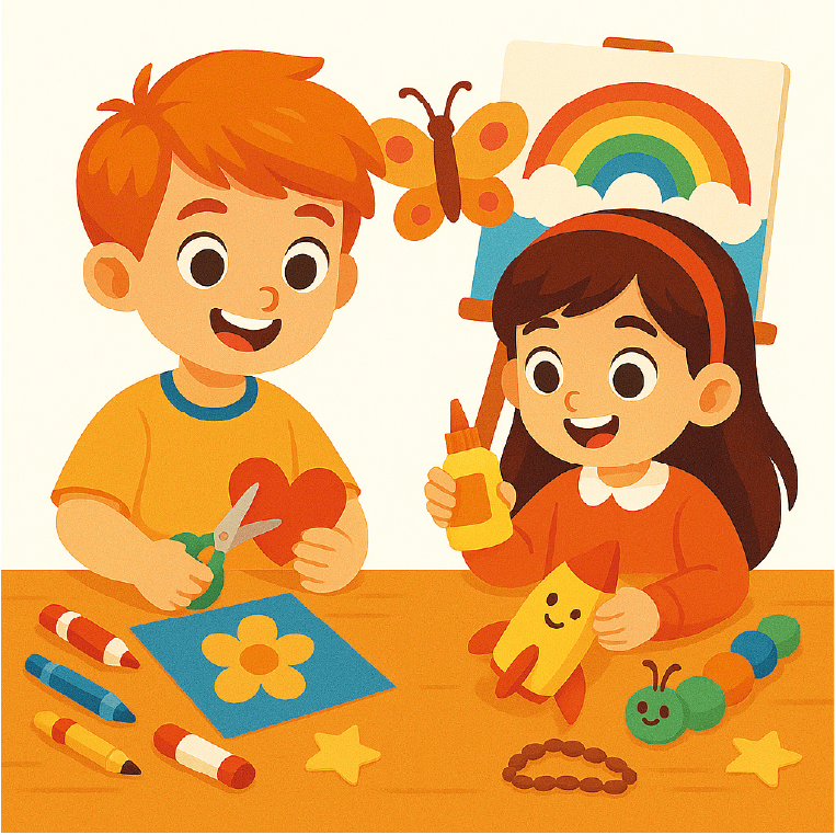 imagen recursos proyectos y manualidades- Ilustración infantil de un niño y una niña haciendo manualidades en clase, recortando y pegando figuras de colores, con dibujos y materiales creativos sobre la mesa.