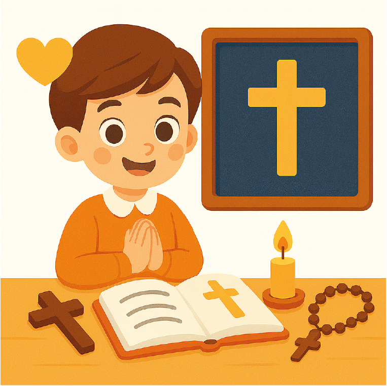 imagenes recursos religión- Ilustración infantil de un niño rezando en clase de religión, con un libro abierto con una cruz, un rosario, una vela encendida y una cruz amarilla en la pizarra.