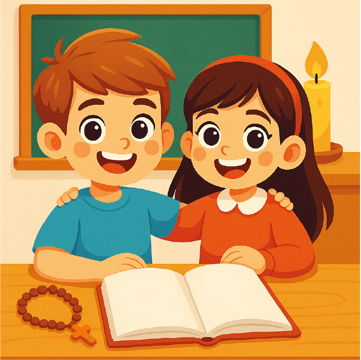 Ilustración infantil de un niño y una niña sonriendo y abrazados en clase de religión, con un libro abierto con una cruz, un rosario y una vela encendida sobre la mesa.