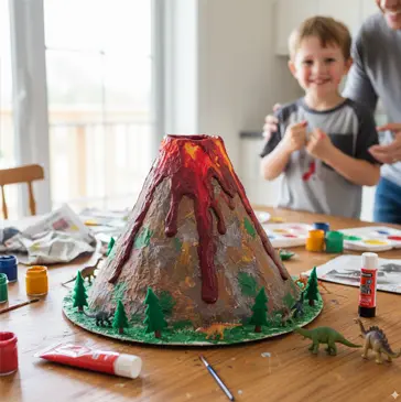 img-volcan “Niño sonriente junto a un volcán casero de manualidades en erupción, hecho con cartón y pintura, acompañado de materiales escolares y figuras de dinosaurios.”