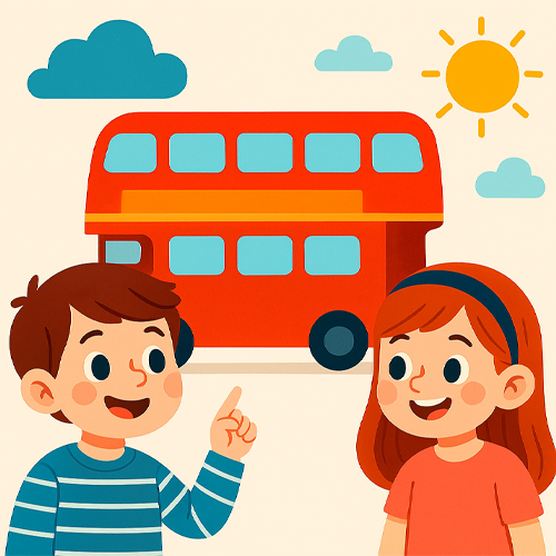 Ilustración en estilo dibujo animado de dos niños mirando un autobús inglés rojo de dos plantas bajo un cielo soleado con nubes.