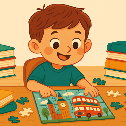 ingles-primero-1 Ilustración rectangular en estilo caricaturesco de un niño sonriente sentado a una mesa mientras arma un rompecabezas. La imagen del puzzle muestra elementos icónicos de Londres: el Big Ben y un autobús rojo de dos plantas. A su alrededor hay varias piezas de rompecabezas sueltas y pilas de libros de colores, transmitiendo un ambiente educativo y lúdico.