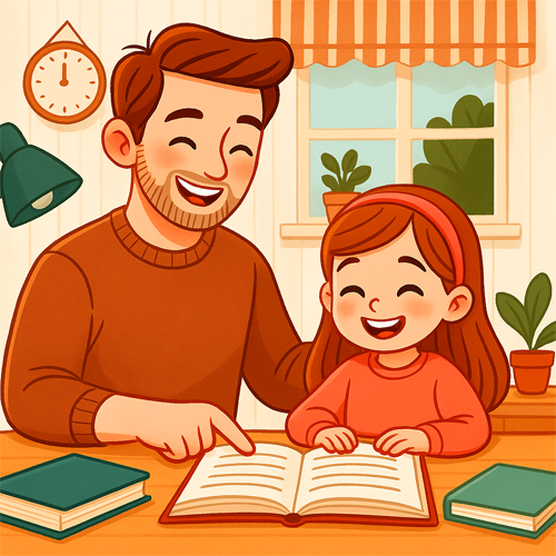lengua-primero-1 “Ilustración de una niña de primero de primaria leyendo en voz alta junto a su padre, en un ambiente acogedor con libros y sonrisas que transmiten ilusión por aprender.