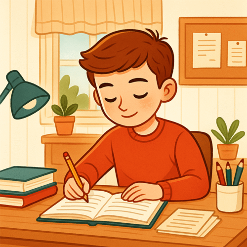 lengua-sexto-1 Ilustración cuadrada y colorida de un niño escribiendo en un cuaderno sobre un escritorio. El niño, con suéter rojo, sonríe mientras sostiene un lápiz. En la mesa hay libros, hojas y un vaso con lápices de colores. Al fondo se ve una ventana con plantas y una lámpara de escritorio, creando un ambiente de estudio acogedor.