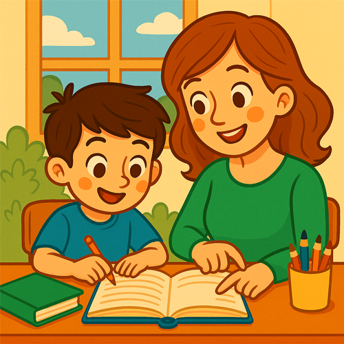 lengua-tercero-1 Ilustración cuadrada y colorida de una madre estudiando con su hijo en una mesa. La madre, con camiseta verde. El niño, con camiseta azul, sostiene un lápiz y escribe, ambos disfrutando del momento de aprendizaje. En la mesa hay un libro verde y un vaso con lápices de colores, con una ventana al fondo que deja ver árboles y un cielo azul con nubes.