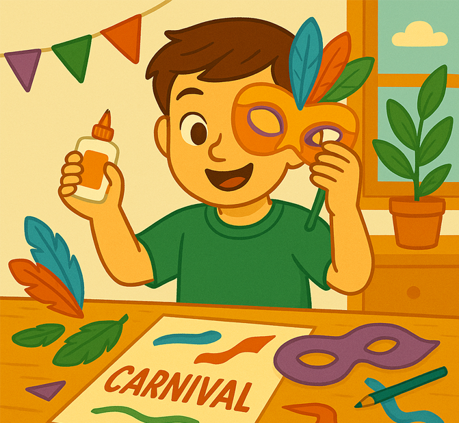 Niño sonriente haciendo una manualidad de Carnaval. Sostiene una máscara decorada con plumas de colores y un bote de pegamento, mientras en la mesa hay recortes, una cartulina con la palabra “Carnival”, lápices y materiales de manualidades, en un estilo de ilustración infantil y alegre.