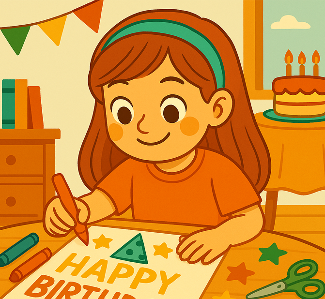 Niña sonriente haciendo una manualidad de cumpleaños, coloreando una tarjeta con la frase “Happy Birthday” y decorándola con estrellas y un gorro de fiesta, rodeada de tijeras, crayones y adornos festivos.